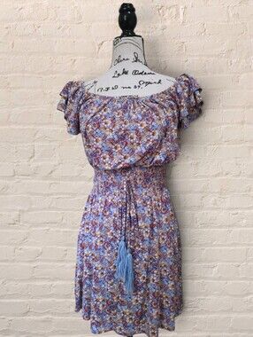Parc & Lex Ruffel Off The Shoulder Smocked Mini Dress Floral Blue Pastel Size M